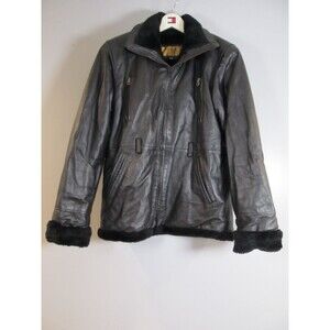 Vtg 90s Miss Top Gun Black Leather Jacket Women's M Fur Trim Parka Coat No Hood